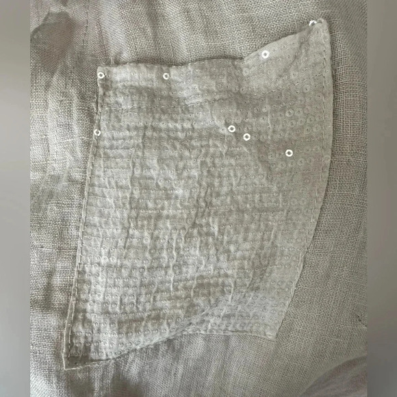 100% Linen tie waist button up blouse, sequined pocket w/ roll up sleeve - Picture 5 of 7